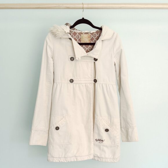 Billabong Ivory Coat Jacket with Removable Fur Hood Peacoat Canvas - Picture 1 of 14